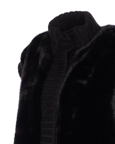 Pinko Genovese Black Sleeveless Vest With High Neck And Ribbed Details In Ecofur Woman In Black