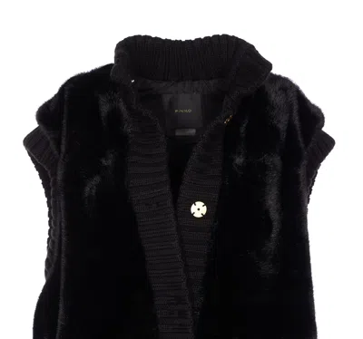 Pinko Genovese Black Sleeveless Vest With High Neck And Ribbed Details In Ecofur Woman In Black