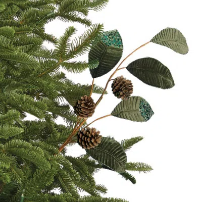 Frontgate Set Of 6 Glitter Velvet Magnolia Leaf And Pinecone Stems In Green