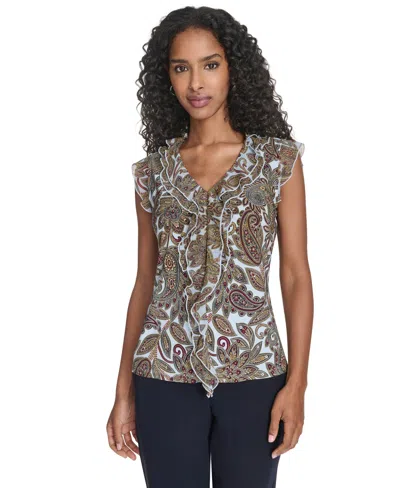 Tommy Hilfiger Women's Paisley Ruffle Front Top In Brown