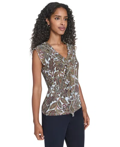 Tommy Hilfiger Women's Paisley Ruffle Front Top In Brown