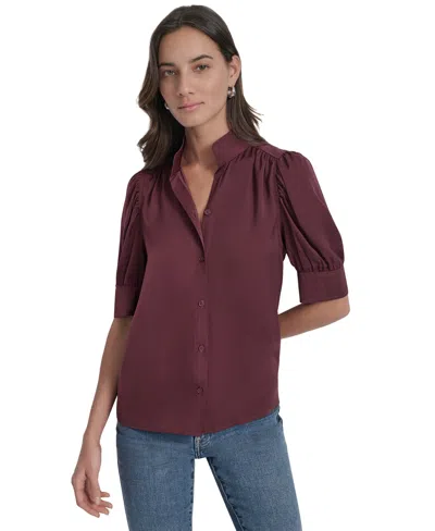 Dkny Jeans Women's Stand Collar Puff-sleeve Shirt In Burgundy