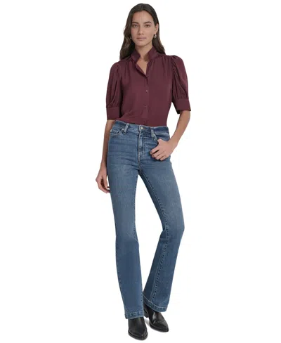 Dkny Jeans Women's Stand Collar Puff-sleeve Shirt In Burgundy