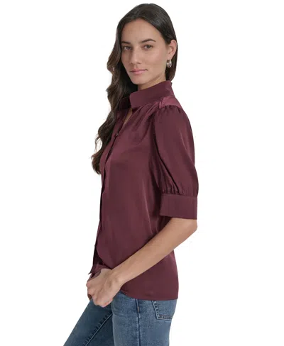 Dkny Jeans Women's Stand Collar Puff-sleeve Shirt In Burgundy