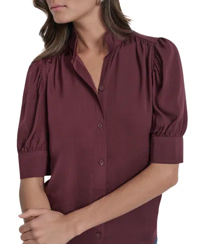 Dkny Jeans Women's Stand Collar Puff-sleeve Shirt In Burgundy