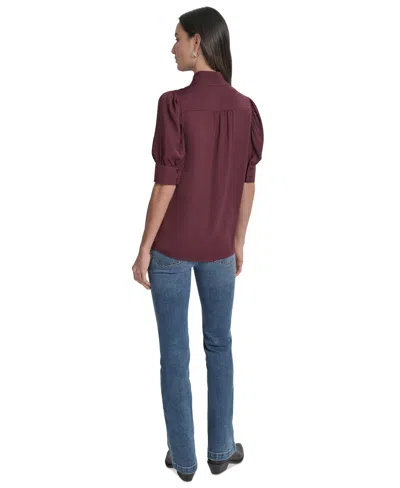 Dkny Jeans Women's Stand Collar Puff-sleeve Shirt In Burgundy