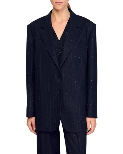 Sandro Striped Rhinestone Suit Jacket In Blue