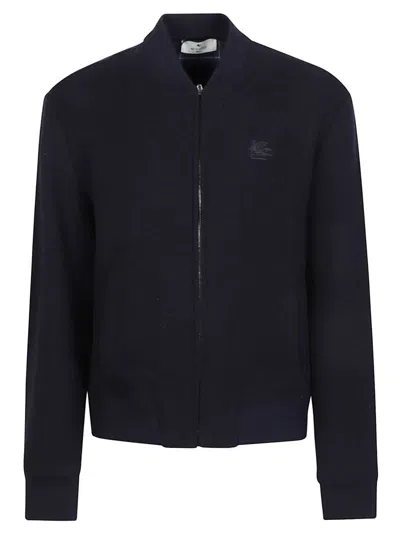 Etro Navy Blue Bomber Jacket With Embroidered Logo And Zip Fastening In Black