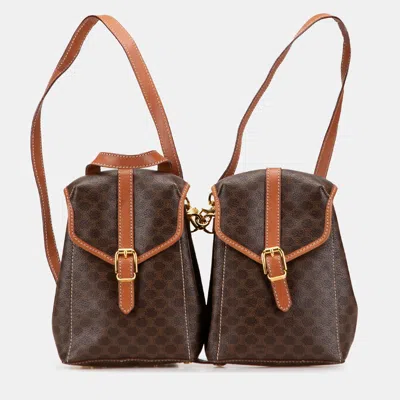 Pre-owned Celine Mini Macadam Coated Canvas Twin Backpack In Brown