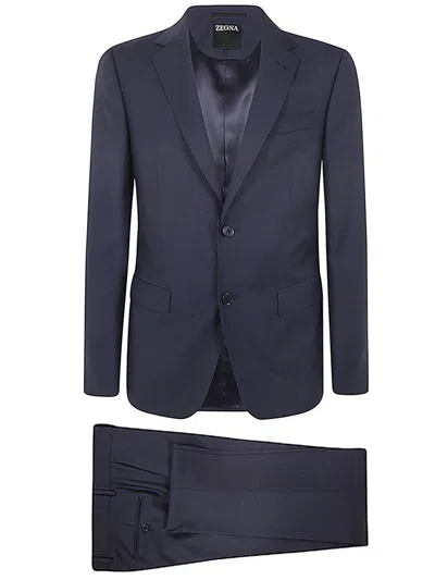Zegna Wool Suit With Notch Lapel And Pockets In Blue