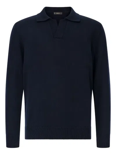 Boggi Milano Ens Navy Blue Collared Long-sleeve Merino-wool Polo In Black
