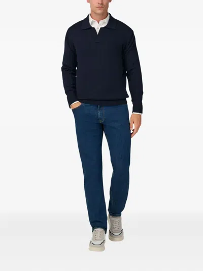 Boggi Milano Ens Navy Blue Collared Long-sleeve Merino-wool Polo In Black