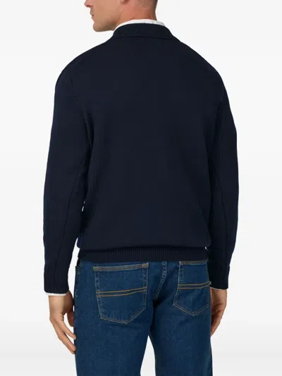 Boggi Milano Ens Navy Blue Collared Long-sleeve Merino-wool Polo In Black