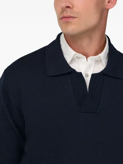 Boggi Milano Ens Navy Blue Collared Long-sleeve Merino-wool Polo In Black