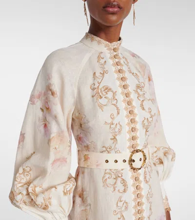 Zimmermann Womens Sage Toile Floral Floral-pattern Tie-waist Linen Midi Dress In Neutral