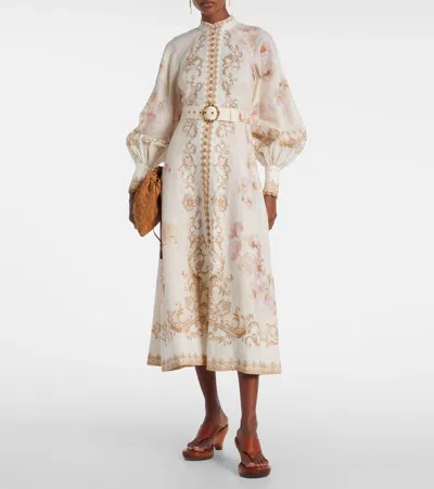 Zimmermann Womens Sage Toile Floral Floral-pattern Tie-waist Linen Midi Dress In Neutral