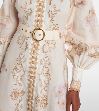 Zimmermann Womens Sage Toile Floral Floral-pattern Tie-waist Linen Midi Dress In Neutral