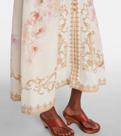 Zimmermann Womens Sage Toile Floral Floral-pattern Tie-waist Linen Midi Dress In Neutral