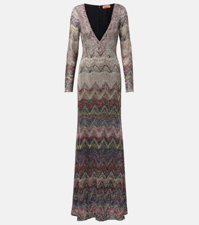 Missoni Langes Kleid Mit V-ausschnitt Und Zickzackmuster In Gray