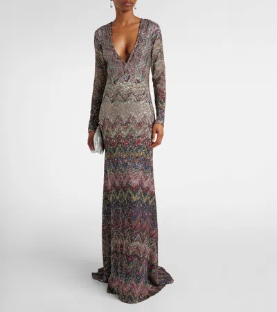 Missoni Langes Kleid Mit V-ausschnitt Und Zickzackmuster In Gray