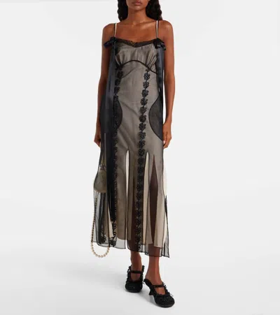 Simone Rocha Bow-detailed Lace-trimmed Chiffon Midi Dress In Black