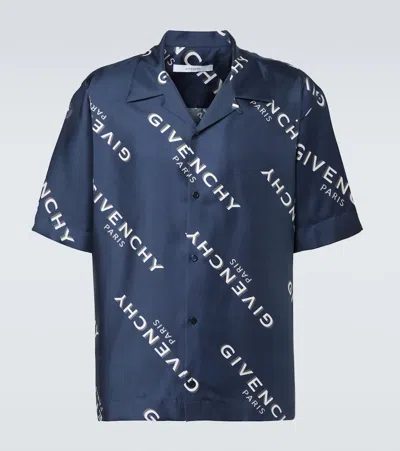 Givenchy Convertible-collar Logo-print Silk-twill Shirt In Blue