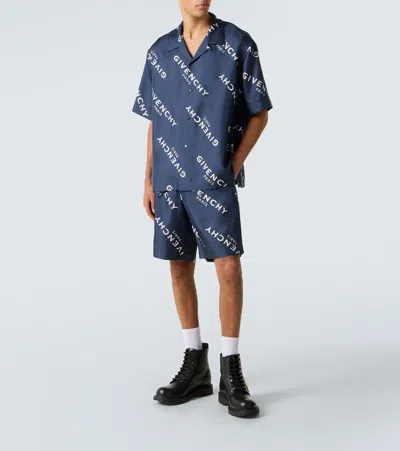 Givenchy Convertible-collar Logo-print Silk-twill Shirt In Blue