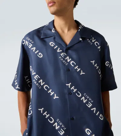 Givenchy Convertible-collar Logo-print Silk-twill Shirt In Blue