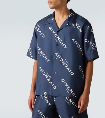 Givenchy Convertible-collar Logo-print Silk-twill Shirt In Blue