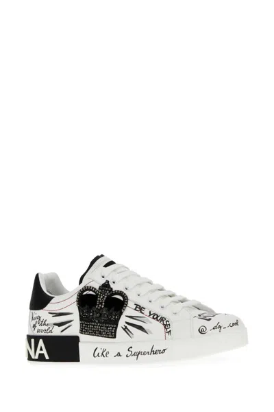Dolce & Gabbana White Low Top Sneakers With Logo Patch On The Tongue And All-over Print In White
