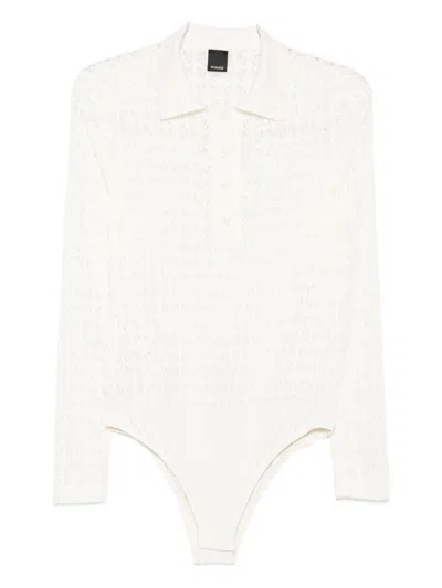 Pinko Intricate Lace Panel Bodysuit With Polo Collar In White