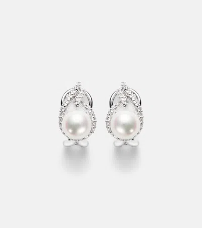 Mikimoto 18kt White Gold Earrings With Pearls And Diamonds In Silver