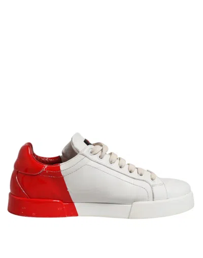 Pre-owned Dolce & Gabbana White Red Leather Logo Low Top Sneakers Men's Shoes () In Multi