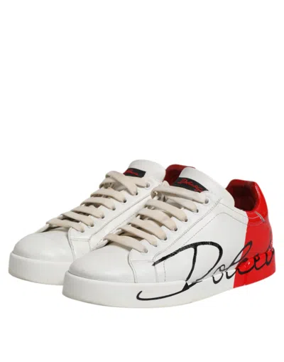 Pre-owned Dolce & Gabbana White Red Leather Logo Low Top Sneakers Men's Shoes () In Multi