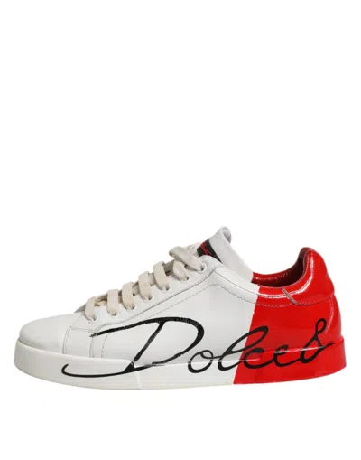 Pre-owned Dolce & Gabbana White Red Leather Logo Low Top Sneakers Men's Shoes () In Multi