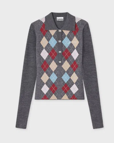 Ganni Fine Merino Wool Jacquard Knitted Polo Shirt In Gray