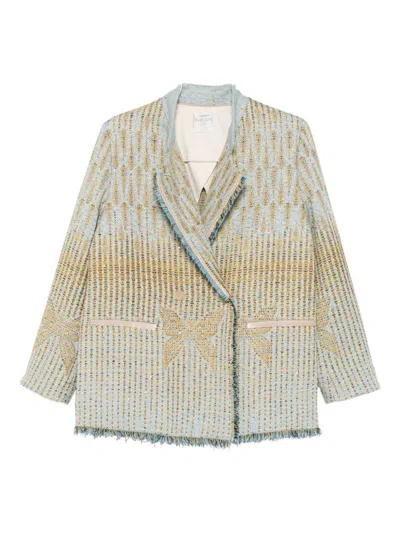 Forte Forte Textured Jacquard Blazer With Notched Lapel And Frayed Edges In Sand