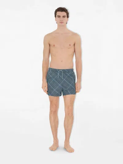 Burberry Check Pattern Swim Shorts With Drawstring Waist In Blue