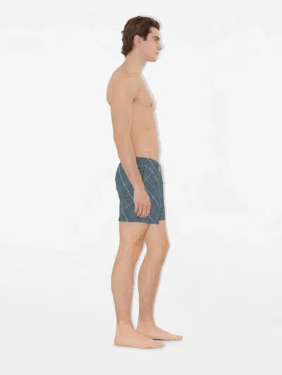 Burberry Check Pattern Swim Shorts With Drawstring Waist In Blue