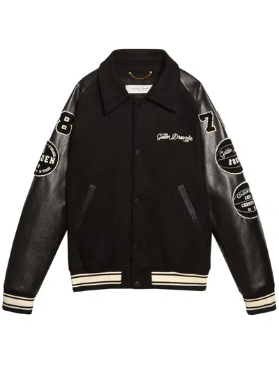 Golden Goose Black Bomber Jacket With Leather Inserts And Logo Patch In Wool Man In Black