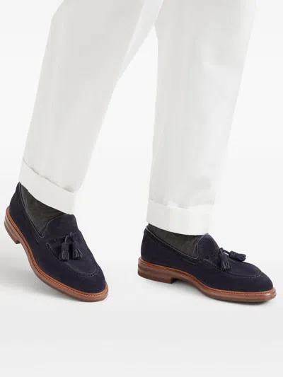 Brunello Cucinelli Leather-trimmed Tasselled Suede Loafers In Blue