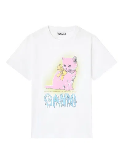Ganni Organic Cotton T-shirt Featuring Kitty Graphic In White