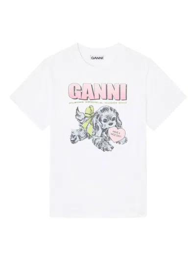 Ganni Graphic Print Crew Neck Short Sleeve Top In White