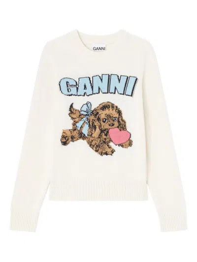 Ganni Crafted Wool Blend Puppy Love Crewneck Sweater In Neutral