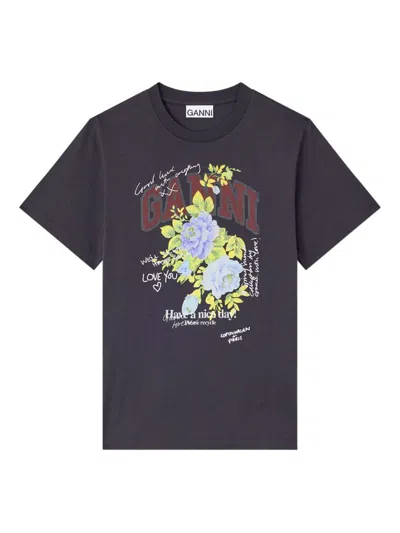 Ganni Organic Cotton Floral Graphic T-shirt In Blue