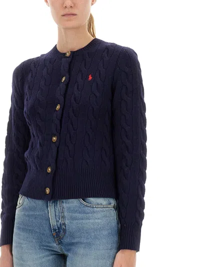 Polo Ralph Lauren Pony Cable-knit Wool And Cashmere Cardigan In Blue