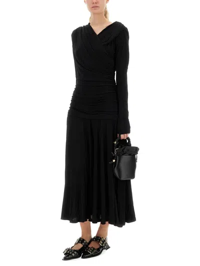 Ganni Interlock Jersey Crossover Ruched Long Dress Dresses Black In Black