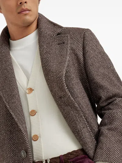 Brunello Cucinelli Chevron Motif Coat Logo Buttons In Brown