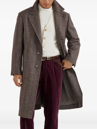 Brunello Cucinelli Chevron Motif Coat Logo Buttons In Brown