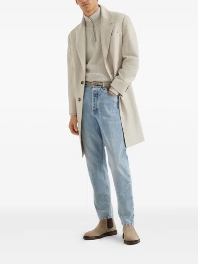 Brunello Cucinelli Textured Half-zip High Collar Sweater In Neutral